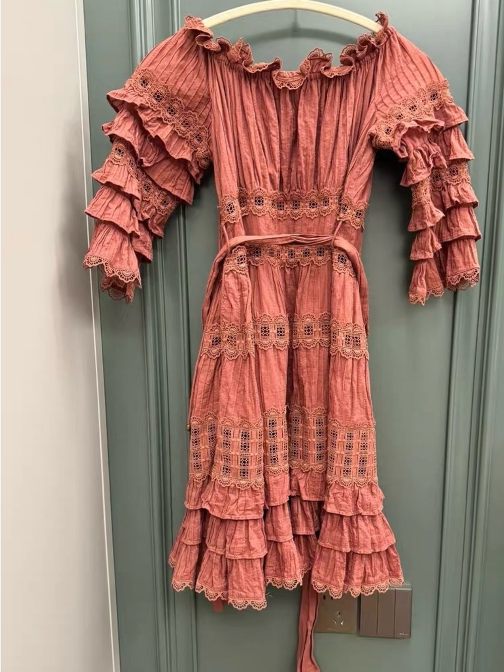 Zimmermann Rust Ruffle Lace Off-Shoulder Dress - Picture 5 of 6